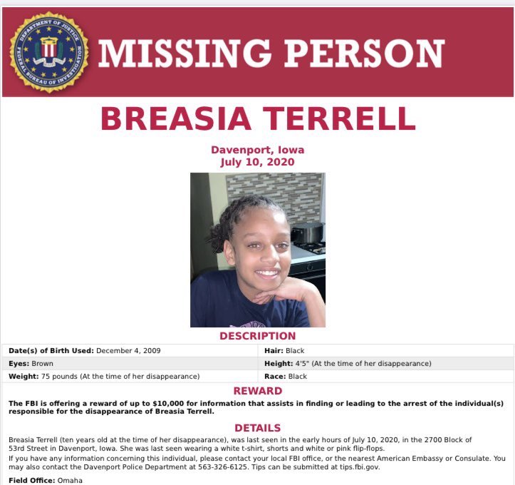 DrSFitzPhD's tweet photo. #QuadCities #Muscatine #IowaCity #Iowa Have you seen Breasia Terrell? If so, please call 563-388-3661 or 911 with any information.
#BreasiaTerrell #BringBreeHome #Davenport #IA #EasternIowa #Illinois #AmberAlert #Urgent #Emergency #MissingChild #MissingKids https://t.co/CHcLIiihD1