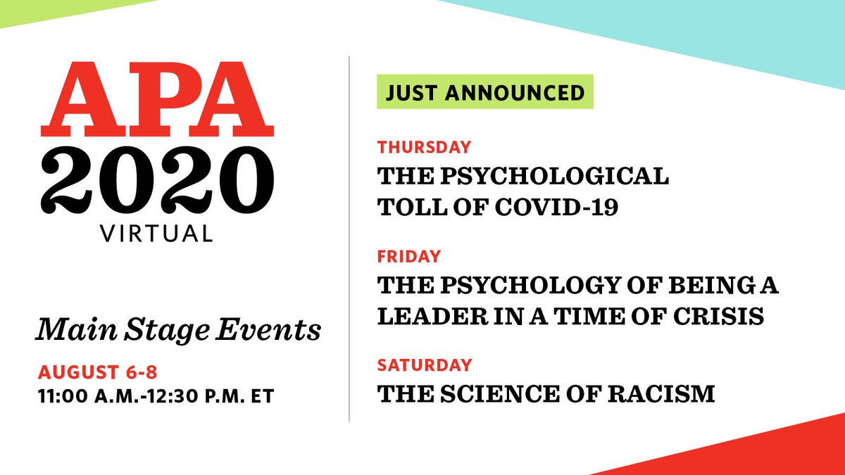 American Psychological Association (@apa) on Twitter photo Your virtual ticket to #APA2020 now gets you access to three dynamic main stage events addressing some of today's biggest challenges.
Register now to hear speakers such as <a href="/TaranaBurke/">Tarana</a>, <a href="/soledadobrien/">Soledad O'Brien</a>, <a href="/ArthurCEvans/">Arthur C Evans, Ph.D</a>, @dralfiee, <a href="/AliMattu/">Ali Mattu, Ph.D.</a>, and more: on.apa.org/APA2020MainSta… Your virtual ticket to #APA2020 now gets you access to three dynamic main stage events addressing some of today's biggest challenges.
Register now to hear speakers such as <a href="/TaranaBurke/">Tarana</a>, <a href="/soledadobrien/">Soledad O'Brien</a>, <a href="/ArthurCEvans/">Arthur C Evans, Ph.D</a>, @dralfiee, <a href="/AliMattu/">Ali Mattu, Ph.D.</a>, and more: on.apa.org/APA2020MainSta…