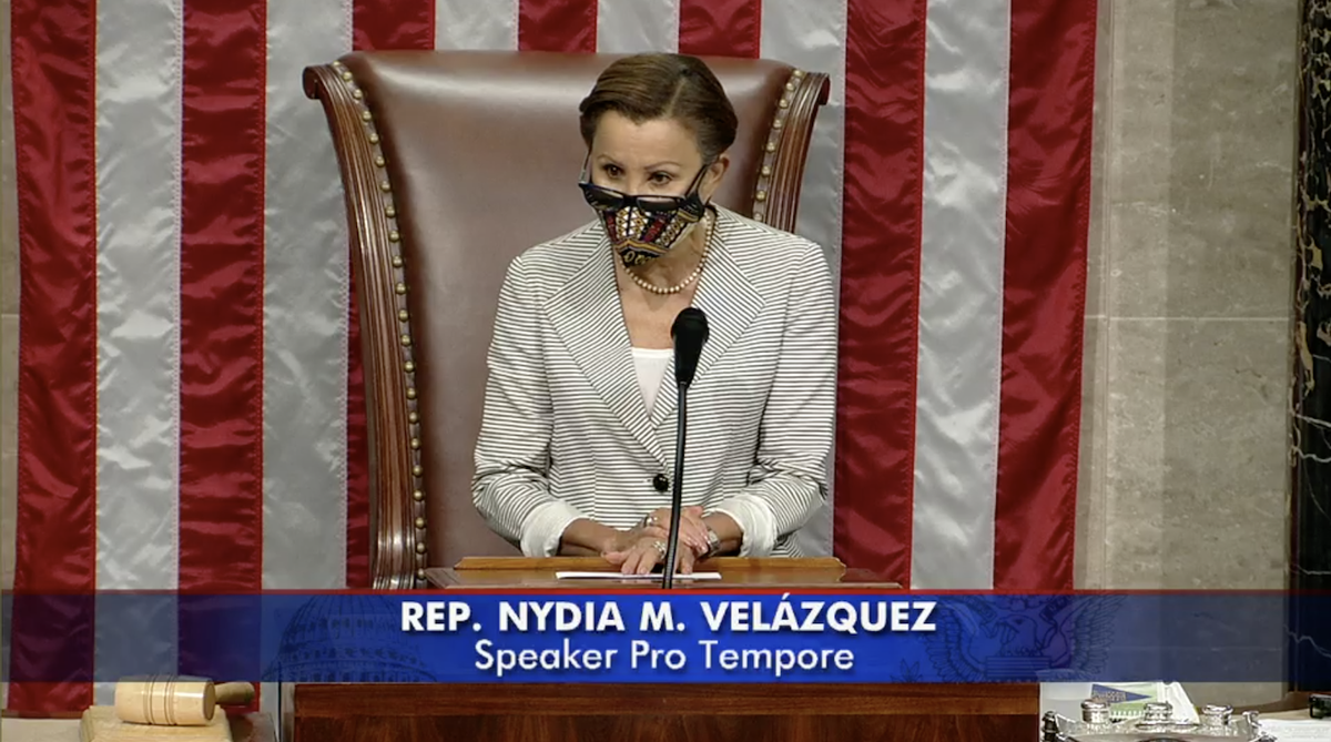 Screenshot of the House floor shows Rep. Nydia Velazquez presiding over the chamber.