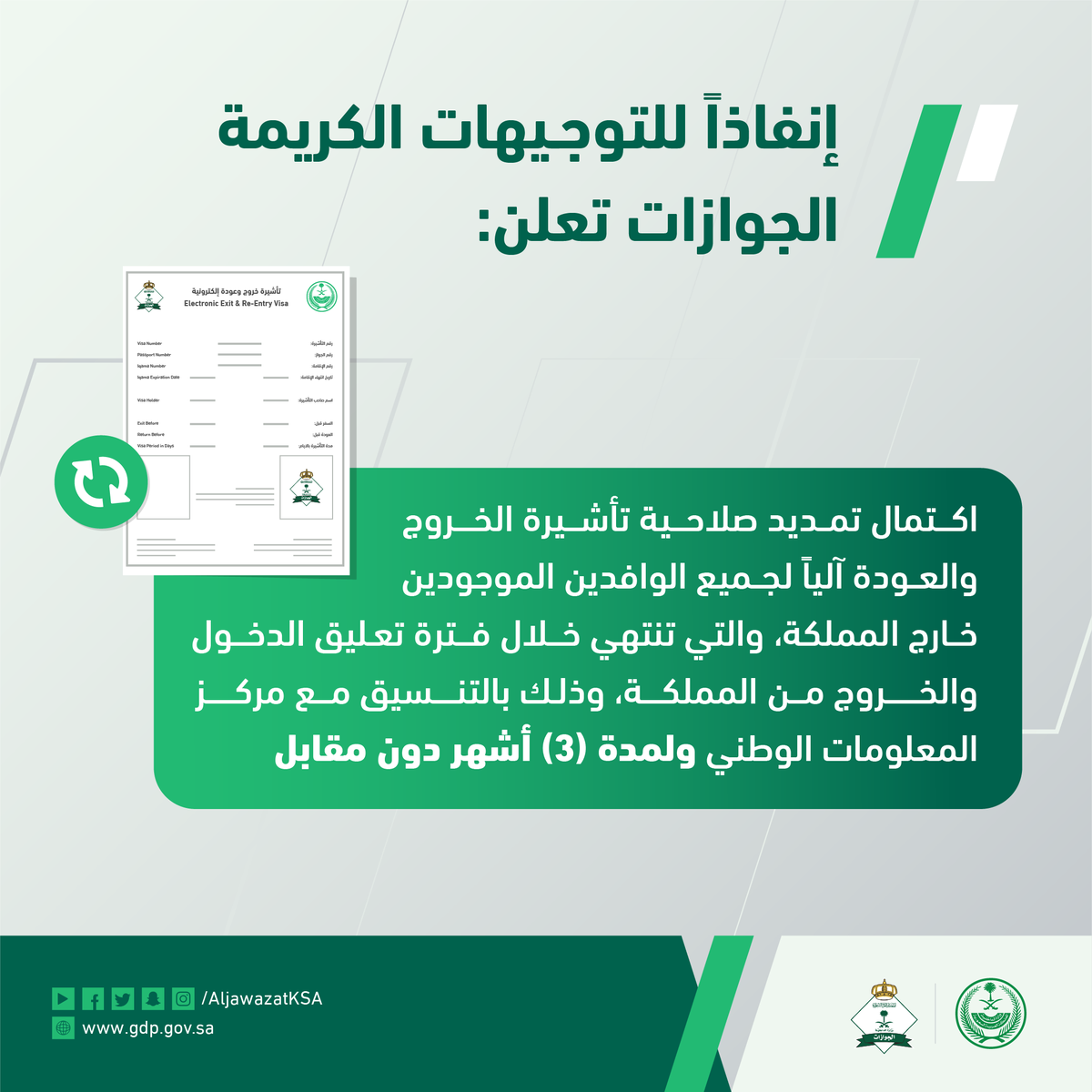 الجوازات السعودية على تويتر تعلن الجوازات عن استكمال تمديد صلاحية تأشيرة الخروج والعودة لجميع الوافدين خارج المملكة والتي تنتهي خلال فترة تعليق الدخول والخروج من المملكة بالتنسيق مع مركز الجوازات.