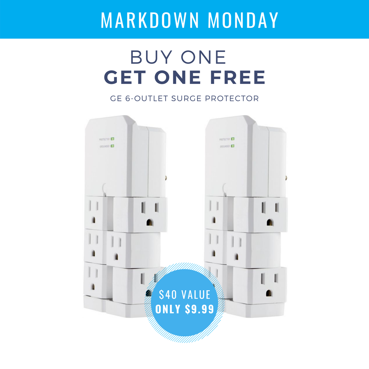 JascoProducts's tweet photo. It's our first #MarkdownMonday! 🗣Buy TWO GE 6-Outlet Swivel #SurgeProtectors for the price of ONE! Hurry, and get two for only $9.99 (normally a $40 value), while supplies last. https://t.co/dS45VL2kvh #backtoschoolsale #flashsale #BOGO https://t.co/qFIrQlF7dk