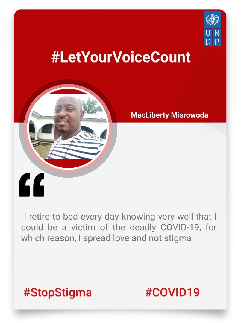 UNDPGhana's tweet photo. " I retire to bed everyday knowing very well that I could be a victim of the deadly COVID-19, for which reason, I spread love and not stigma", ~@Macliberti adds his voice to our #LetYourVoiceCount challenge to #Stopstigma against recovered #COVID19 persons and their relatives. https://t.co/TgKbjX1rd8