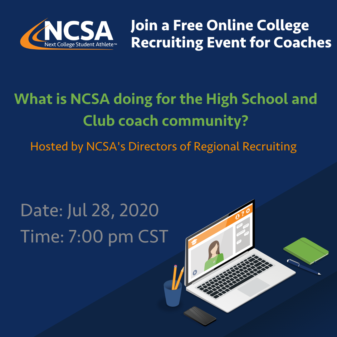 fd_ncsa's tweet photo. Attention all HS/Club coaches!!! NCSA’s Directors of Regional Recruiting are teaming up to host a virtual event for you to take advantage of the various resources that can available for your team on Jul 28 at 7pm CST. 
Register Here: https://t.co/wFZtBLyjxo https://t.co/v7dNfNBXmF