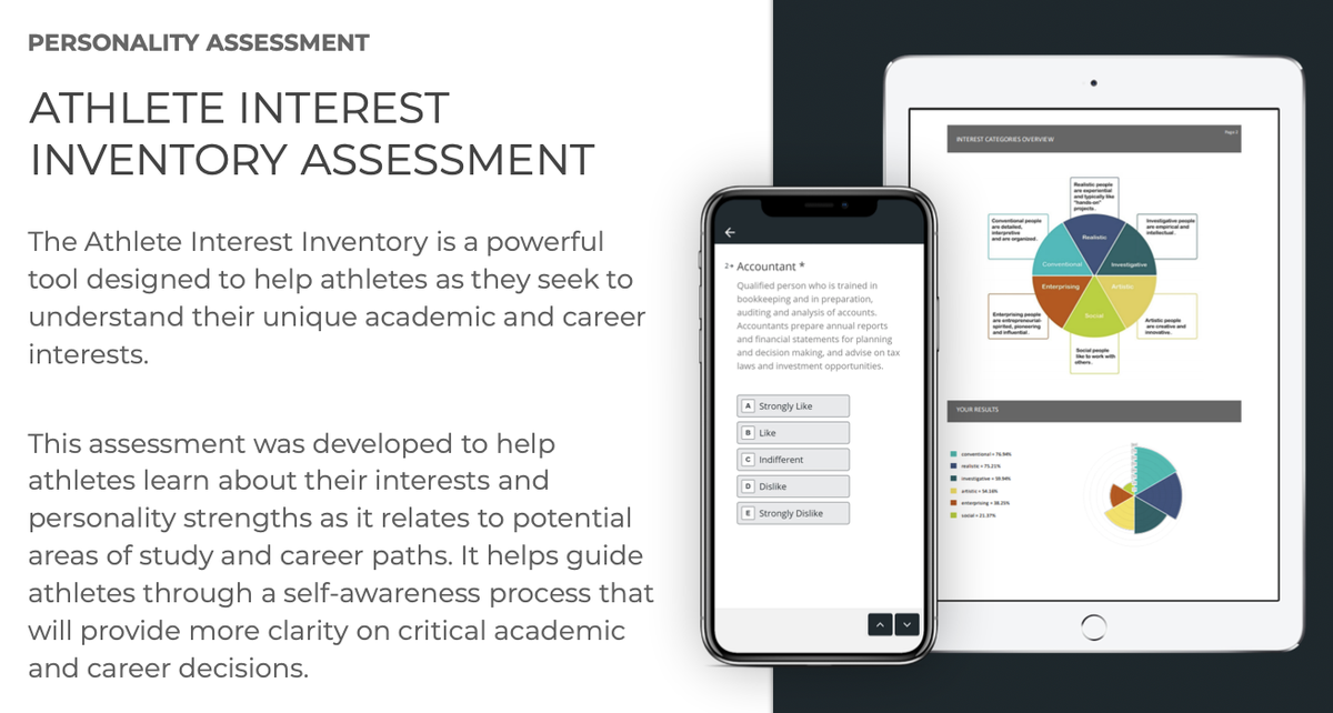 GamePlanWorks's tweet photo. With our platform comes the Athlete Interest Inventory. Designed to help identify the athletes strengths and passions. The Interest inventory guides athletes through a self-awareness process that provides clarity on critical academic and career decisions. #SADevelopment https://t.co/BDMiNr45uA