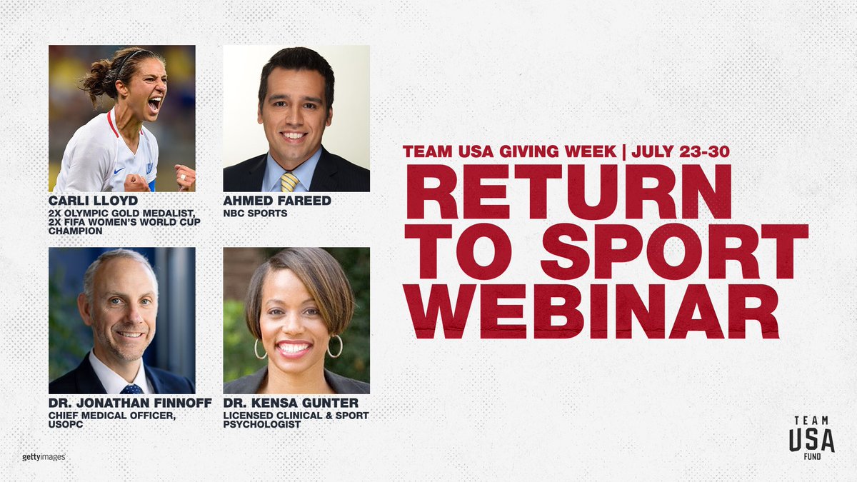 Sports are coming back! I'm sitting down with world-renowned medical experts to discuss how we can safely return to sport. Join us LIVE at 12 pm ET tomorrow. support.teamusa.org/event/return-t…