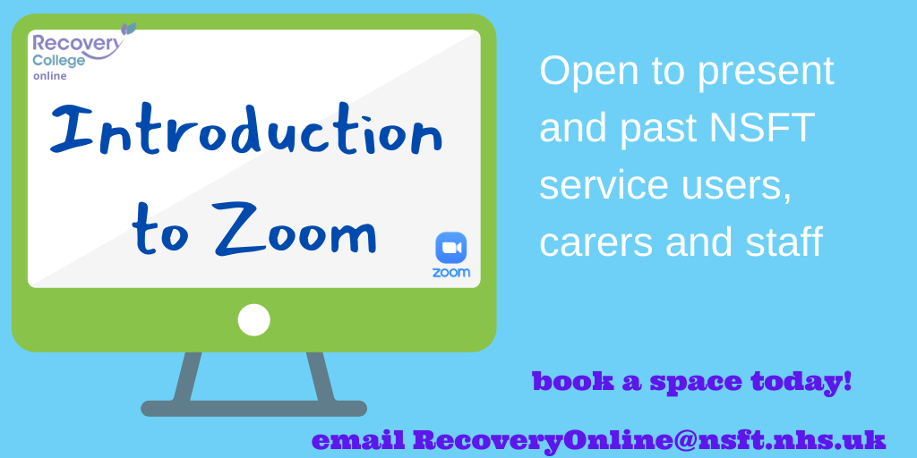 Not sure about online learning at the NSFT Recovery College? Book a place on our half hour 'Introduction to Zoom' session and we'll help you build confidence to get started.
email recoveryonline@nsft.nhs.uk for dates in July and August.  #mentalhealth #nsftjoinin @nsfttweets