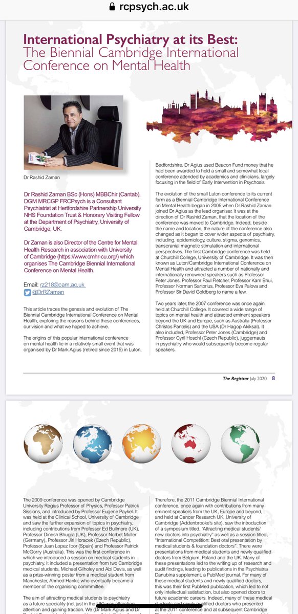DrRZaman's tweet photo. So pleased to see my article 
The Biennial Cambridge International Conferences on Mental Health. Those who have never been, perhaps this will convince you to attend the next conference, hopefully in Sept. 2021. @ahmedhankir  @DrAdrianJames @edbullmore 
https://t.co/JfaQoWjWz8 https://t.co/j1kmtXpjJS