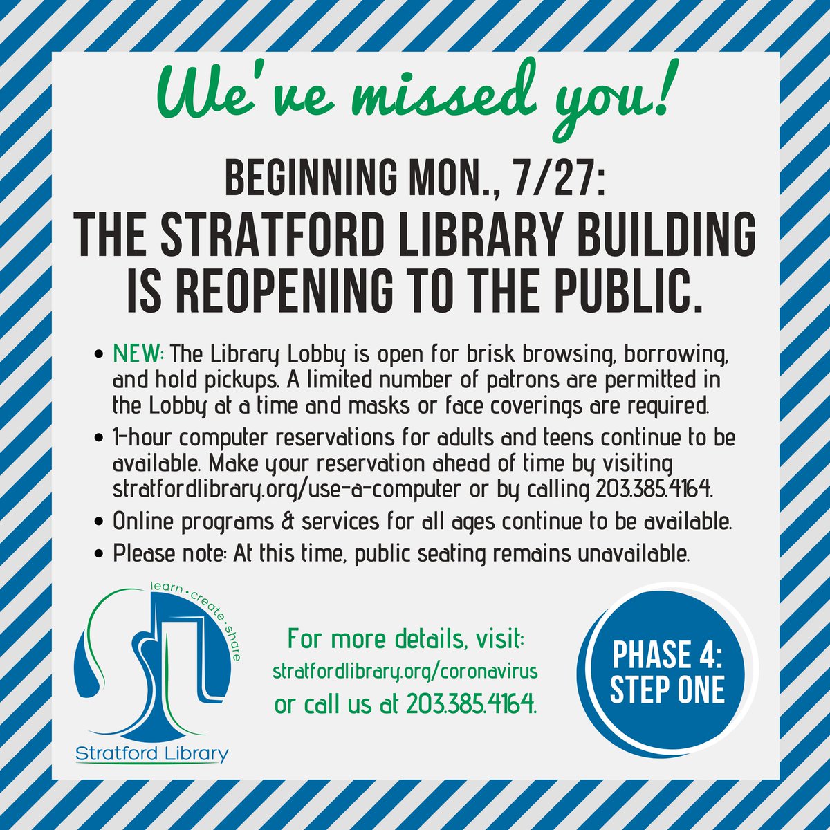 StratfordLib's tweet photo. Welcome back! We've missed you! Beginning today, 7/27, the Library Lobby is open for brisk browsing, borrowing, & hold pickups. For more details, visit https://t.co/8uzwCbd9zY or call us at 203.385.4164.
#buildingreopening #StratfordLibrary #StratfordCT #Summer2020 https://t.co/gPNdg9xmO6