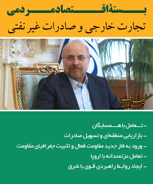 GGhalibaf's tweet photo. بستۀ اقتصاد مردمی⁣⁣
#تجارت_خارجی_و_صادرات_غیرنفتی⁣
- تعامل با همسایگان⁣
- بازاریابی منطقه‌اژ و تسهیل صادرات⁣
- ورود به فاز جدید مقاومت فعال و تثبیت جغرافیای مقاومت⁣
- تعامل عزتمندانه با اروپا⁣
- ایجاد روابط راهبردی قوی با شرق⁣
⁣⁣#قالیباف #بسته_اقتصاد_مردمی #تحول_اقتصادی https://t.co/eppHW3JjXi