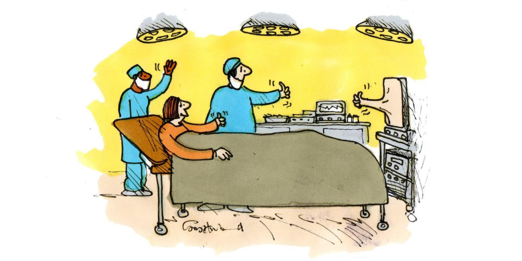 Proximie's tweet photo. "This is Dr Jordan Oliver, who will be conducting your surgery from New York." 

The Future of Surgery illustrated: 'The New Norm'

By @tonyhusband1

#FutureofSurgery #AR #Technology #Proximie #Surgery https://t.co/04efA91bHG