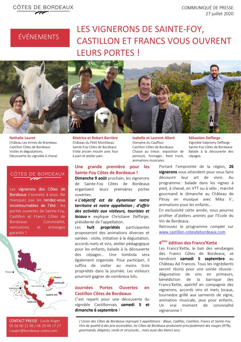 *PORTES OUVERTES*
Dimanche 9 août prochain, les #vignerons de Sainte-Foy Côtes de Bordeaux organisent les portes ouvertes de l’appellation : une grande première ! Au programme : animations diverses et variées à la propriété. Venez nombreux !
#CôtesDeBordeaux #Appellation #vins