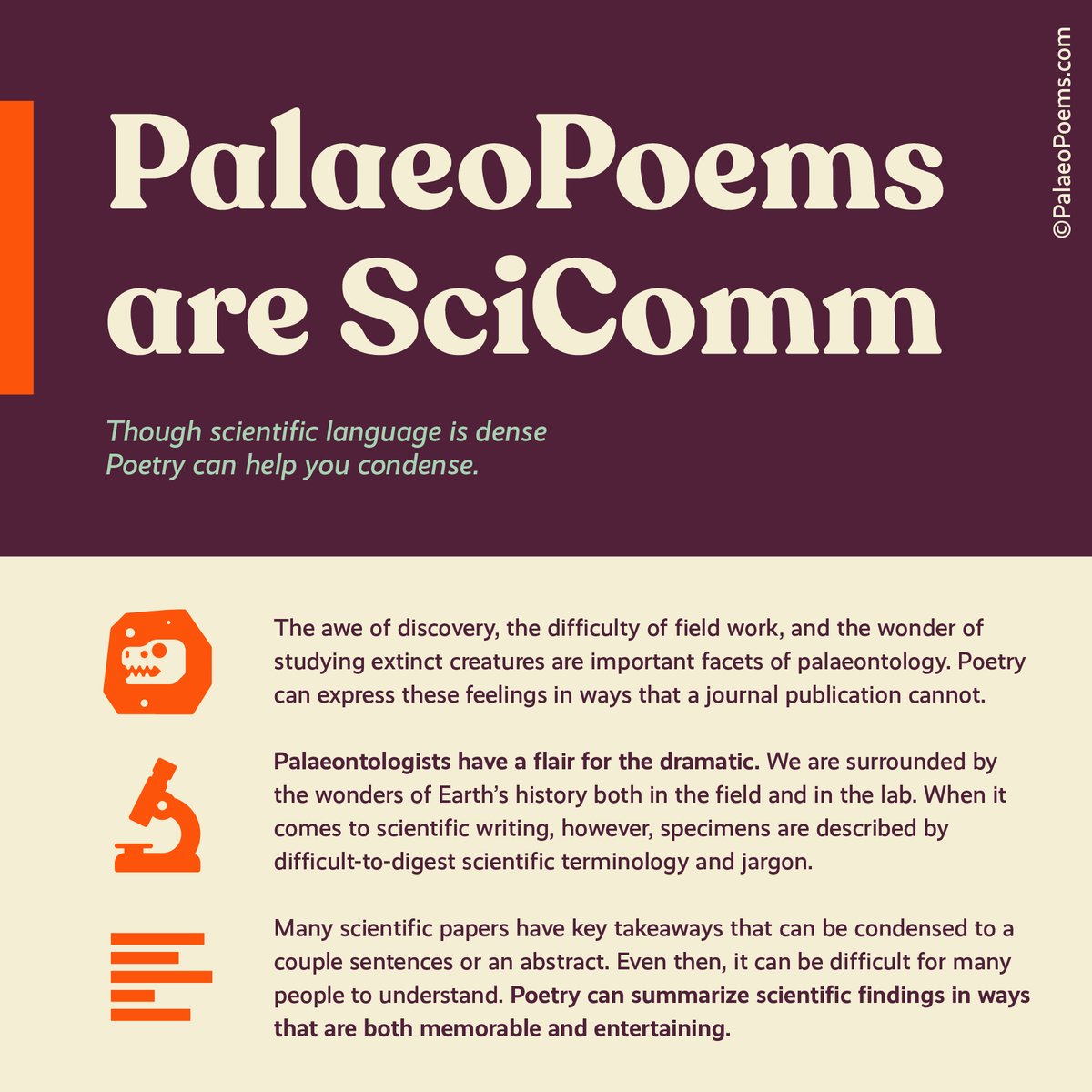 Palaeopoems's tweet photo. PalaeoPoems are SciComm. Research often has key points that can be summarized quickly in a poem. Scientific language can be difficult to digest, but poetry can express the beauty of palaeontology in a way that's memorable and fun. #CSCC2020 #PalaeoPoems #PaleoArt #SciComm (5/6) https://t.co/3Ns1C72aut
