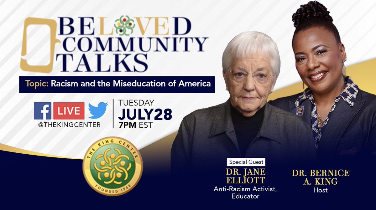 Happening LIVE TOMORROW, 7pm EST! <a href="/BerniceKing/">Be A King</a> in conversation with #JaneElliott, discussing ‘Racism and the Miseducation of America.’ A part of our #BelovedCommunityTalks series. #Racism #Equity #Justice