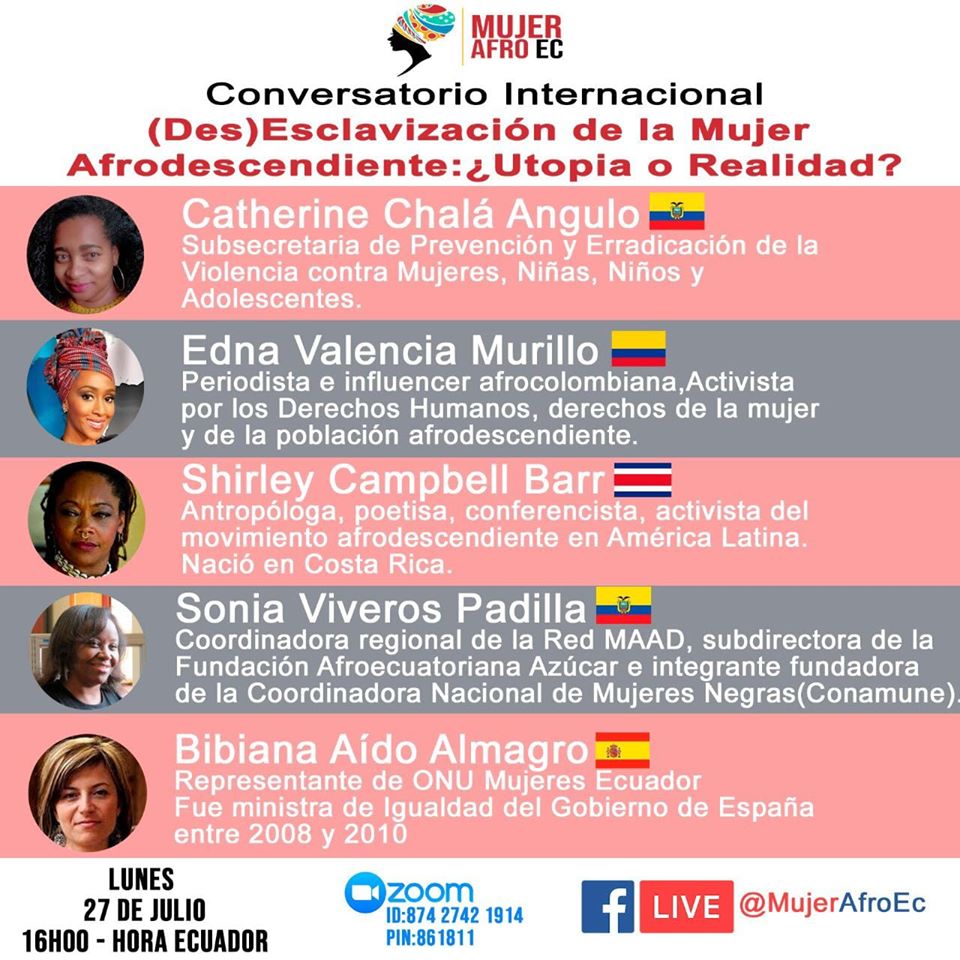 ONUMujeresElSalvador (@onumujeressv) on Twitter photo Hoy 27 julio, a las 3:00 p.m. hora de 🇸🇻El Salvador...
En el marco del Día Internacional de la Mujer #Afrolatina, #Afrocaribeña y de la #Diáspora, el conversatorio (Des) esclavización de la Mujer Afrodescendiente ¿Utopía o Realidad?
En vivo en FB Live por 👉 <a href="/mujerafroec/">Colectivo #MujerAfroEc</a> Hoy 27 julio, a las 3:00 p.m. hora de 🇸🇻El Salvador...
En el marco del Día Internacional de la Mujer #Afrolatina, #Afrocaribeña y de la #Diáspora, el conversatorio (Des) esclavización de la Mujer Afrodescendiente ¿Utopía o Realidad?
En vivo en FB Live por 👉 <a href="/mujerafroec/">Colectivo #MujerAfroEc</a>