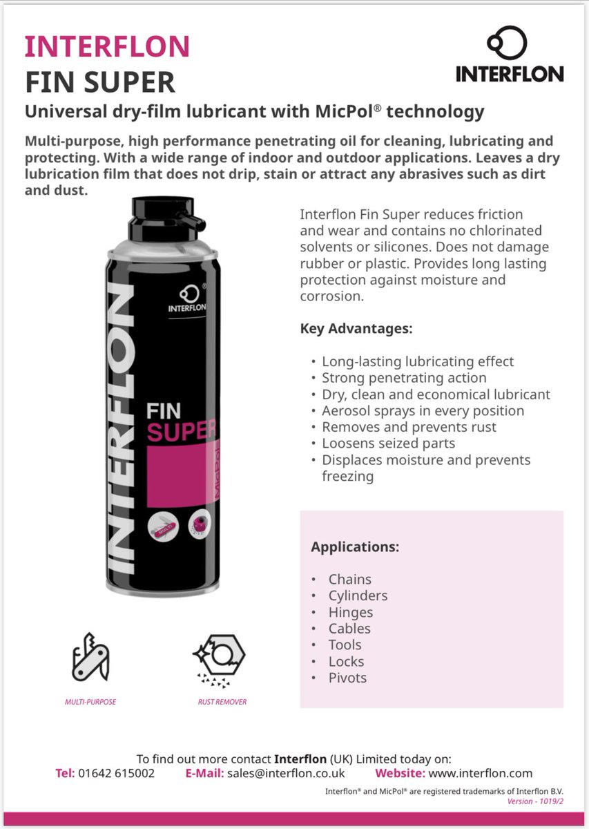 InterflonUK's tweet image. Bikes, cars, locks,garden machinery plus more! 

Rejuvenates rubber seals &amp;amp; brings plastics back to black. Dissolves rust &amp;amp; protects against corrosion. 

Possibly the best release agent money can buy,All this in just 1 can 

ebay.co.uk/sch/i.html?sid…

#bike #maintenace #mower #lock