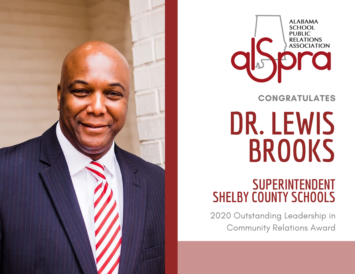 ALSPRA (@alabamaschoolpr) on Twitter photo We would like to take this week to celebrate our 2020 ALSPRA Award Winners....
Today, we honor @Shelbyedk12alus Superintendent Dr. Lewis Brooks <a href="/Drbrookslew/">Lewis Brooks</a> - our honoree for the 2020 Outstanding Leadership in Community Relations Award! We would like to take this week to celebrate our 2020 ALSPRA Award Winners....
Today, we honor @Shelbyedk12alus Superintendent Dr. Lewis Brooks <a href="/Drbrookslew/">Lewis Brooks</a> - our honoree for the 2020 Outstanding Leadership in Community Relations Award!