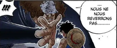 Nous pouvons aussi voir que le ' Adieu ' et non ' au revoir ' de Kuma était un foreshadow subtile , puisque ce dernier savait qu'il n'aurait jamais plus l'occasion de voir Luffy avec sa propre conscience puisqu'il allait bientôt devenir une véritable arme humaine.