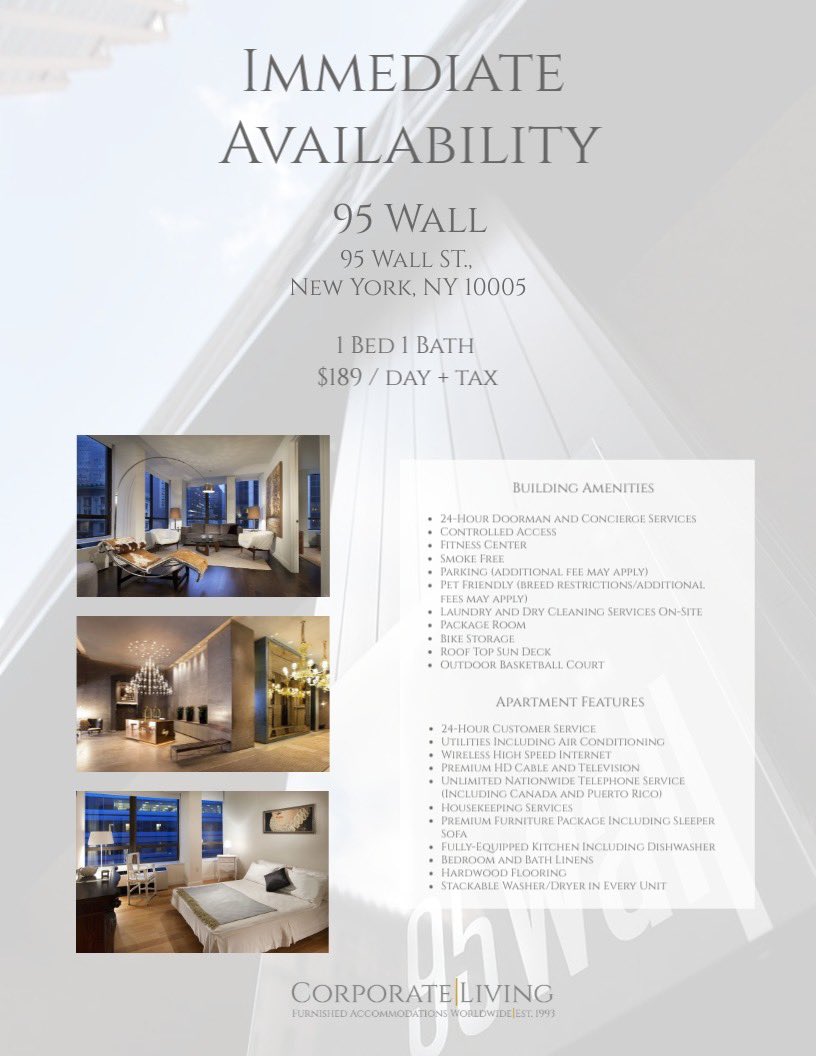 CorporateLiv's tweet photo. Immediate availability at 9️⃣5️⃣ Wall! Please visit the link in our bio for more information. #CorporateLiving https://t.co/APk9G0grbK