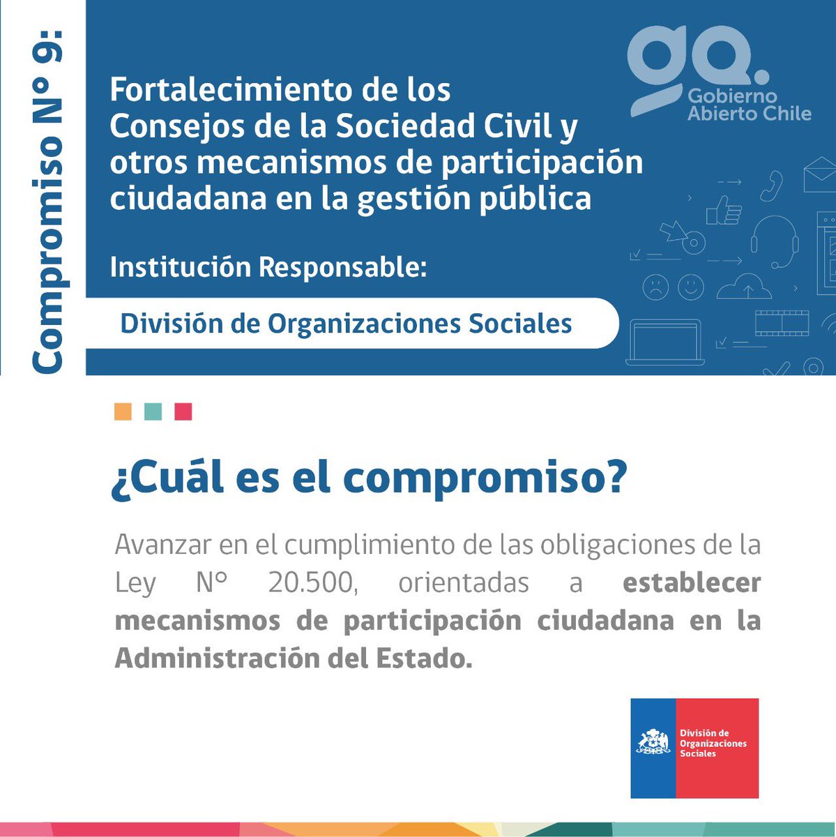 GobAbiertoCL's tweet photo. ☝️El compromiso vela por la existencia de mecanismos mínimos de participación ciudadana en todos los órganos del Estado y 🔎 busca el progreso en la calidad e incidencia de estos. ⬆️ #gobiernoabierto #ogpchile #opengov https://t.co/IjSXI21kVg