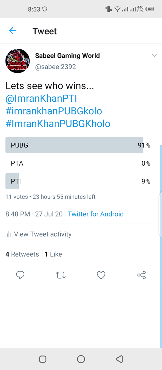 sabeel2392's tweet photo. I did a short poll and look at this.  
Future of PTI....
People are favoring PUBG...mean no votes to any political party...
@ImranKhanPTI
#ImranKhanPUBGKholo https://t.co/8KYMjvAaXH