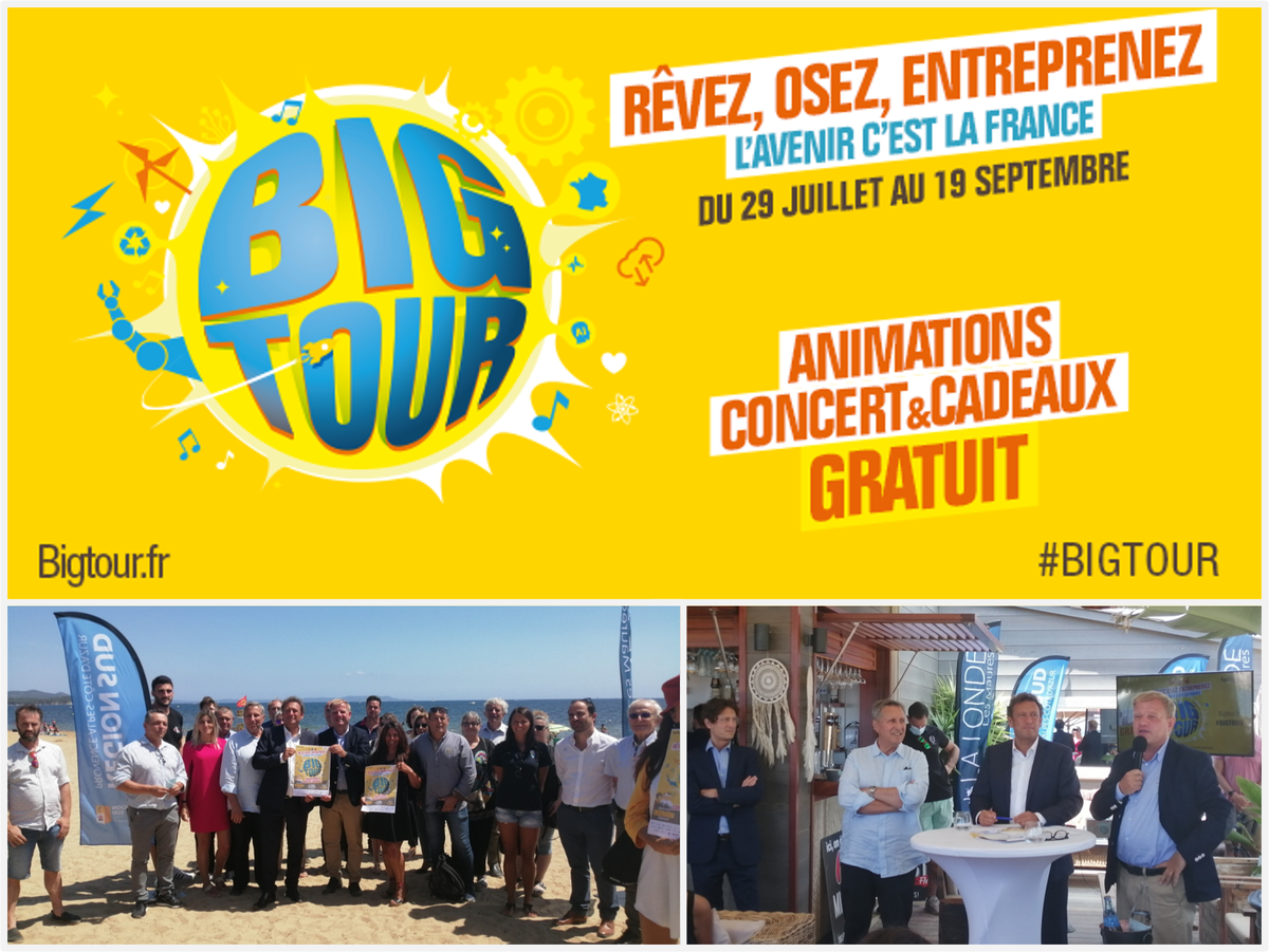 LE BIG TOUR de <a href="/Bpifrance/">Bpifrance</a> : la tournée du renouveau !

En région Sud, il fera escale à Savines-le-Lac (05) le 21/08, à Nice (06) le 22/08 et à La Londe Les Maures (83) le 25/08, et met en exergue le climat et l’emploi.

Pour découvrir les dates: big-tour.fr