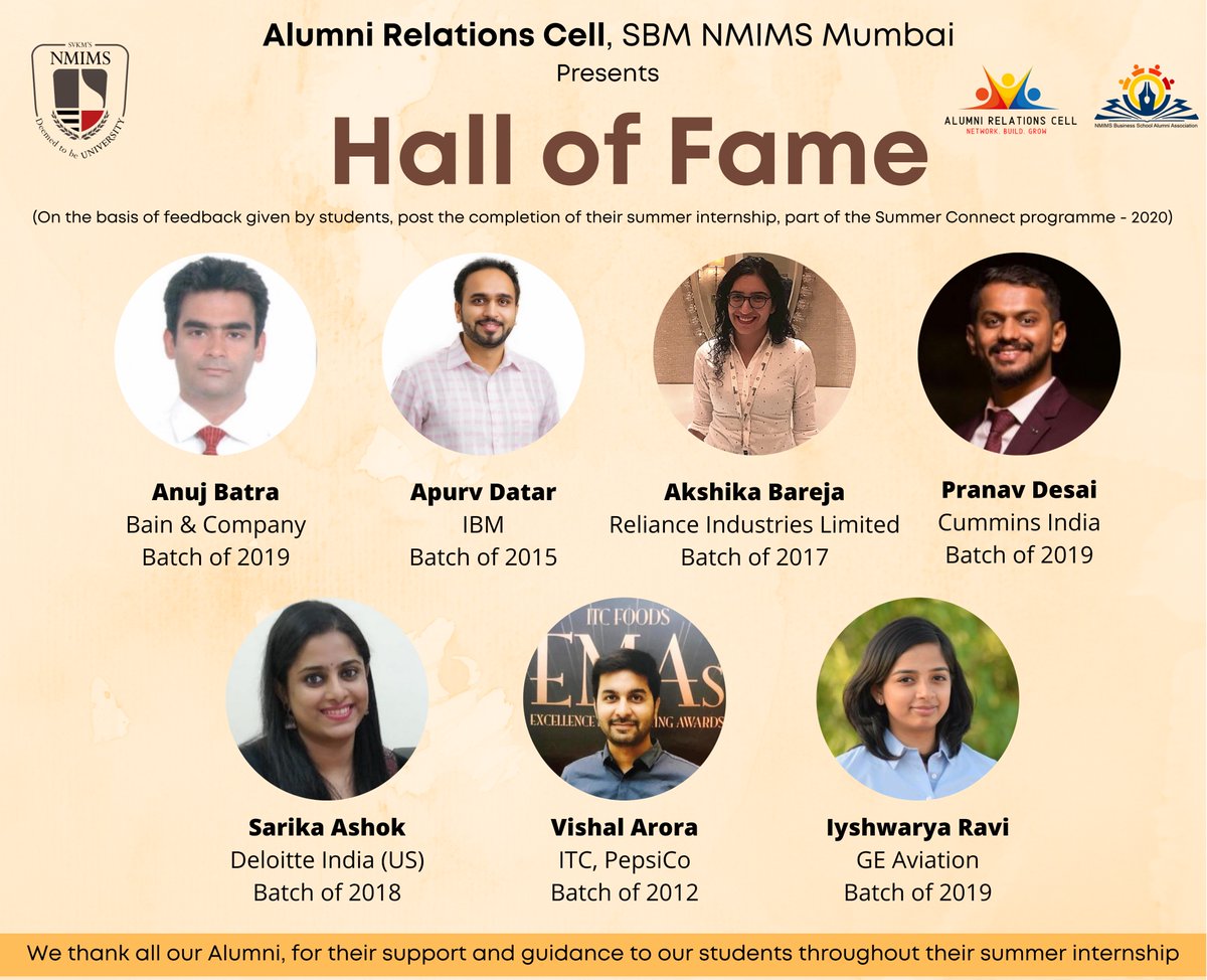 On successful completion of our summer connect program, based on the feedback received, we are glad to announce the selected alumni for the hall of fame for summer connect 2020! Congratulations, and thank you for your support! ! #SBM #NMIMS #Alumni #MBA #Summers2020 #Mentorship