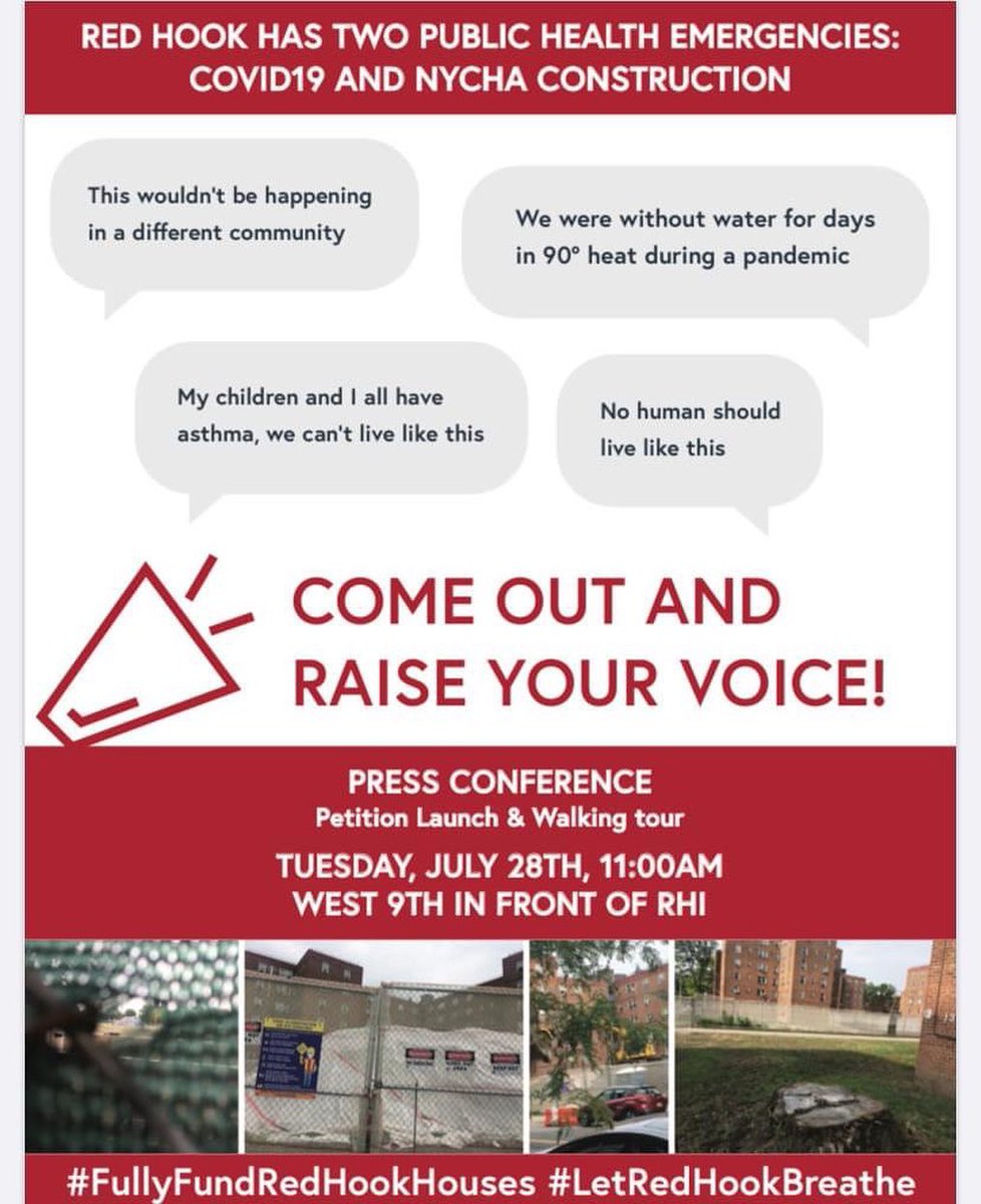 We call on Congresswoman  @NydiaVelazquez , Council Member  @NYCCouncil38 , Assembly Member  @FelixWOrtiz, and the NYCHA Federal Monitor to immediately STOP the construction work taking place within Red Hook Houses in order to address urgent health and safety concerns.