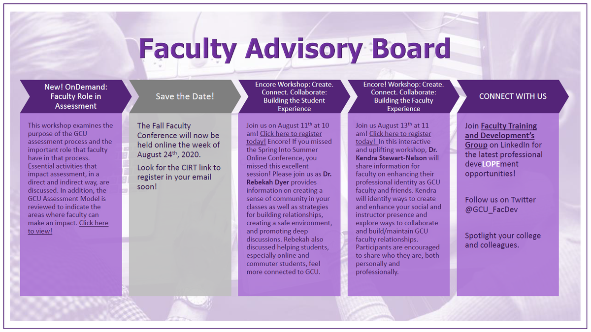 GCU_FacultyDev's tweet photo. Check out this week's opportunities for Faculty by Faculty #GCU_FAB #GCU_FacultyAdvisoryBoard #GCU_professionaldeveLOPEment #LopesUP
https://t.co/c6yqwLCxnj https://t.co/3R2fUTxDwa