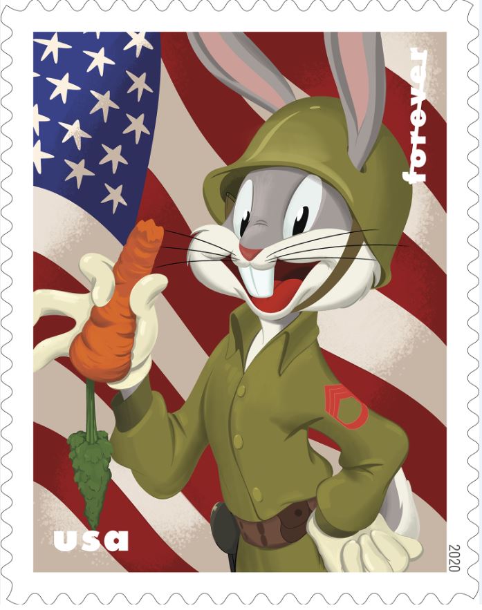Bugs Bunny como sargento del personal del Ejército de los EE. UU. de la Segunda Guerra Mundial vistiendo  uniforme de combate y al fondo la bandera estadounidense. 