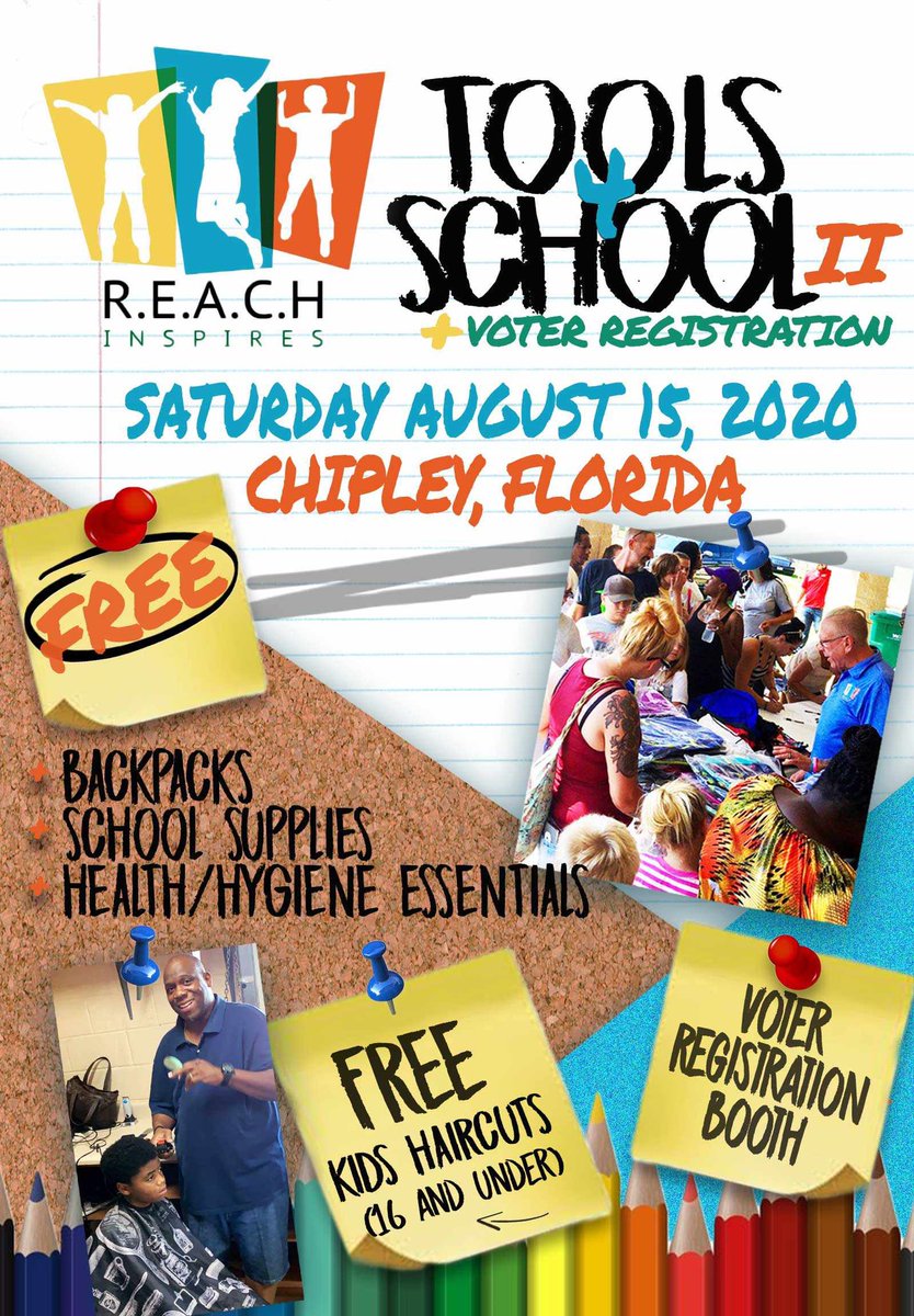 reachinspires's tweet photo. 🚨Tools 4 School II🚨

📅 August 15th
📍Chipley, Florida

✅Backpacks &amp; School Supplies 
✅Mask &amp; Hand Sanitizers
✅FREE Haircuts for Kids
✅Voter Registration Booth 

DONATE: https://t.co/Cpju4E6cgm

#ReachInspires #Tools4School https://t.co/LkZrPlZbm7