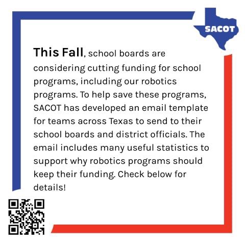 SACOTexas's tweet photo. Due to the COVID-19 pandemic, school districts are being forced to cut funding for programs. SACOT asks you to join us in advocating, educating, and helping district officials preserve STEM education at your high school! Scan the QR code in the graphic above to access resources!! https://t.co/b4i6rplNV3