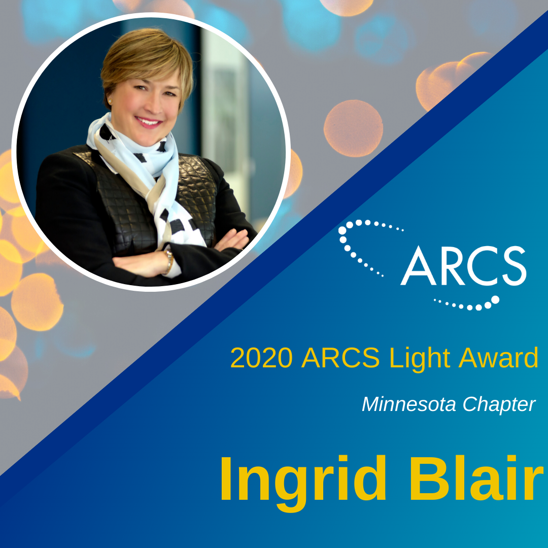 ARCSFoundation's tweet photo. 2020 #ARCSLight recipient Ingrid Blair is being recognized by the @ARCS_MN_STEM r for developing special relationships with new members, scholars, and donors. She has helped obtain a Scholar Award Grant from @3M and organized an event for scholars at the 3M Innovation Center. https://t.co/xxijoJmGMU