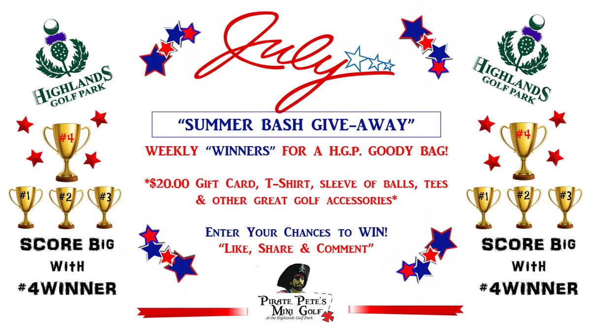 GoHighlandsGolf's tweet photo. Ding 🔔, Ding 🔔, Ding 🔔 ... it's here the final week for the H.G.P.'s "SUMMER BASH GIVEAWAY" drawing 🏆🏆 #4WINNER 🏆🏆 this FRIDAY!!! Keep the "LIKE, COMMENTS & SHARES" coming as 🍀 #4WINNER will SCORE BIG for the FINALE!!! Good Luck!🎈 https://t.co/Eg3750jVpf