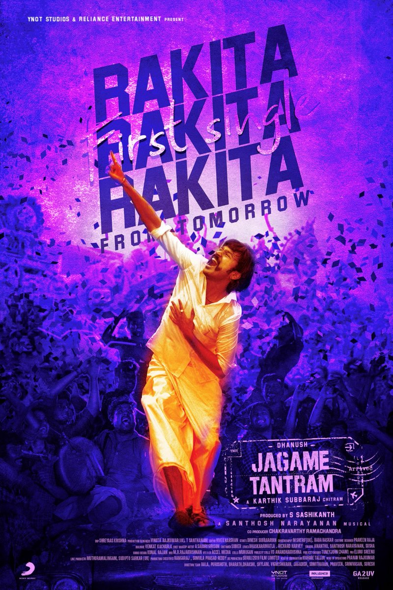_DhanushPrakash's tweet photo. 9AM Tomorrow! #Rakitaரகிடరకిట
#HappyBirthdayDHANUSH
#JagameThandhiram #JagameTantram

@dhanushkraja @karthiksubbaraj @sash041075
@Music_Santhosh @chakdyn @RelianceEnt @Shibasishsarkar @APIfilms @tridentartsoffl @GA2Official @UV_Creations @SonyMusicSouth
@onlynikil @IamEluruSreenu https://t.co/crI7fDQib4
