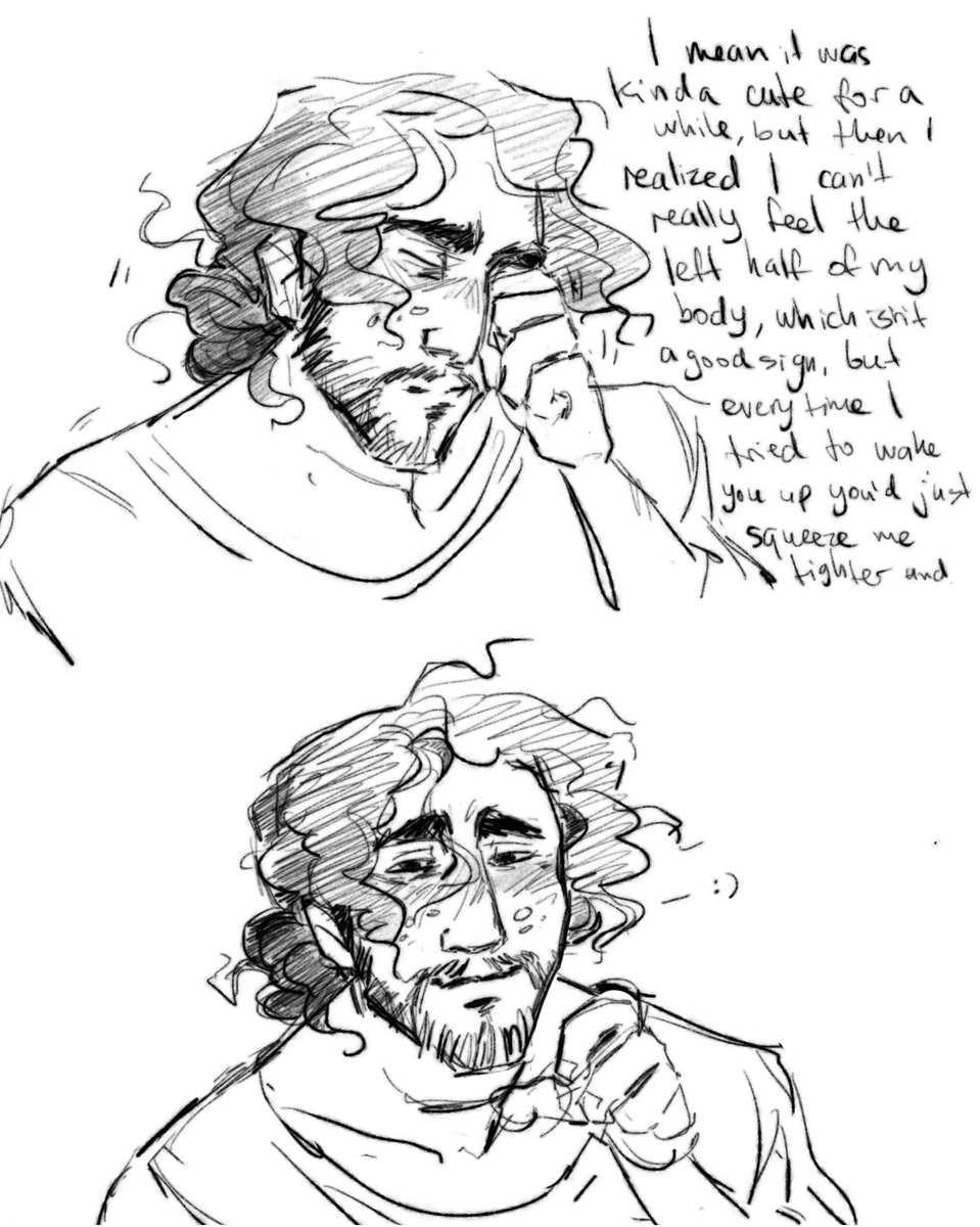 a little thing based on @ehlihr 's recent doodle and an idea of jon being an unwakeable yet very clingy sleeper, + a bit of long suffering martin
