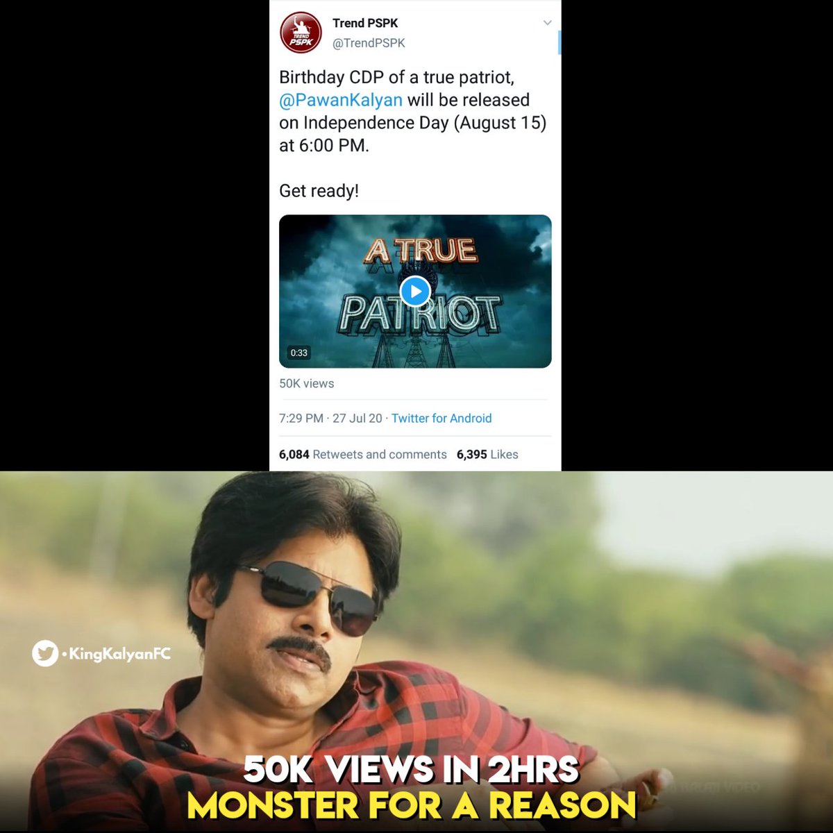 KingKalyanFC's tweet photo. 50K Views With 6K+ Rts In 2hrs.. ⚡💥

Once Again Justified The Tag #Monster! 💥

#PawanKalyan • #VakeelSaab https://t.co/m9plBAaq0Z