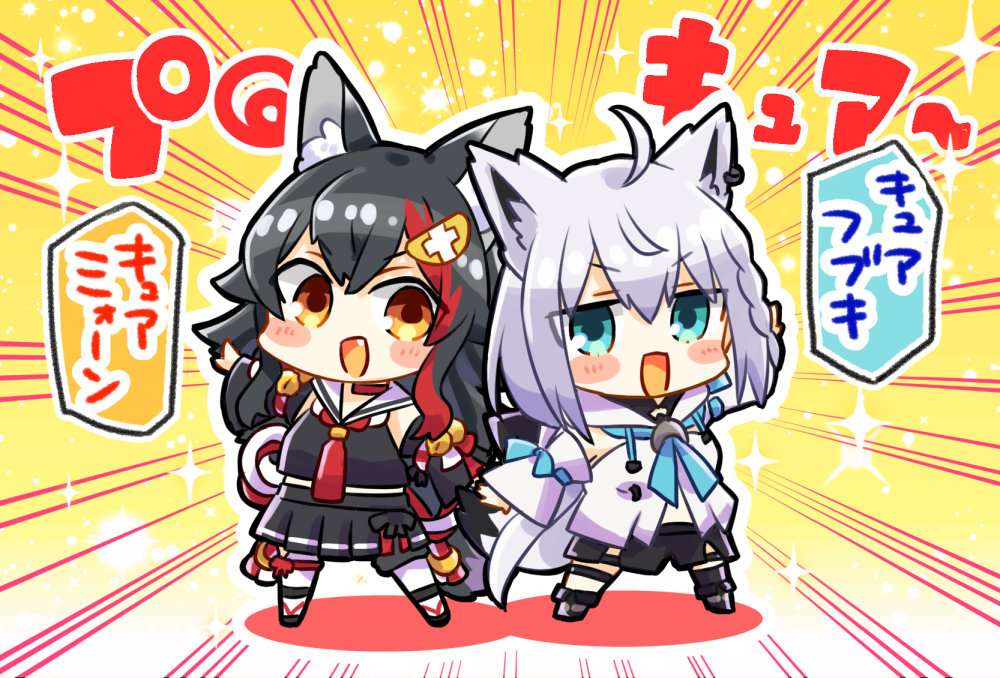 ookami mio ,shirakami fubuki animal ears wolf ears multiple girls wolf girl 2girls fox ears fox girl  illustration images