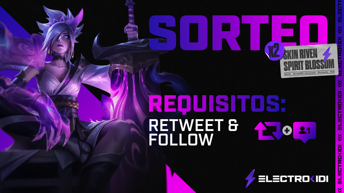 KidiIRL's tweet photo. 💜SORTEO RIVEN SPIRIT BLOSSOM x 2💜

▶️ Fav y RT a este Twit

▶️ Follow @Electrokidi 

🌐 Vale para todas las regiones.

(Acaba el dia que salga la skin)

Good luck 🍀 https://t.co/pBk4EY3Qpg