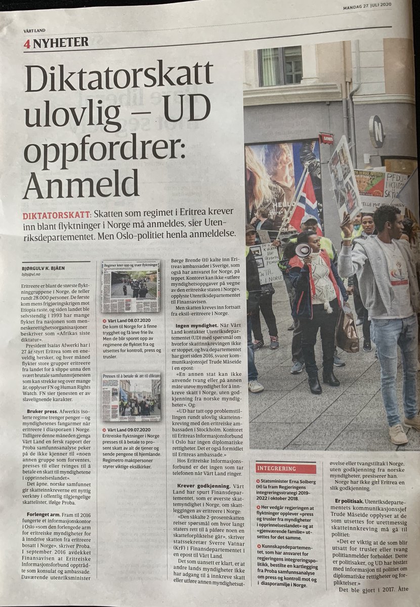 moen_svein's tweet photo. TO THE ERITREAN REGIME! I did warn you a year ago what would happened by ignoring paying your debt! This is just the beginning! Ill make sure that every PFDJ thug resident in Norway will get a free ticket back, their citizenship, and visa in Norway cancelled! Todays newspaper https://t.co/zwzR4DoNnH