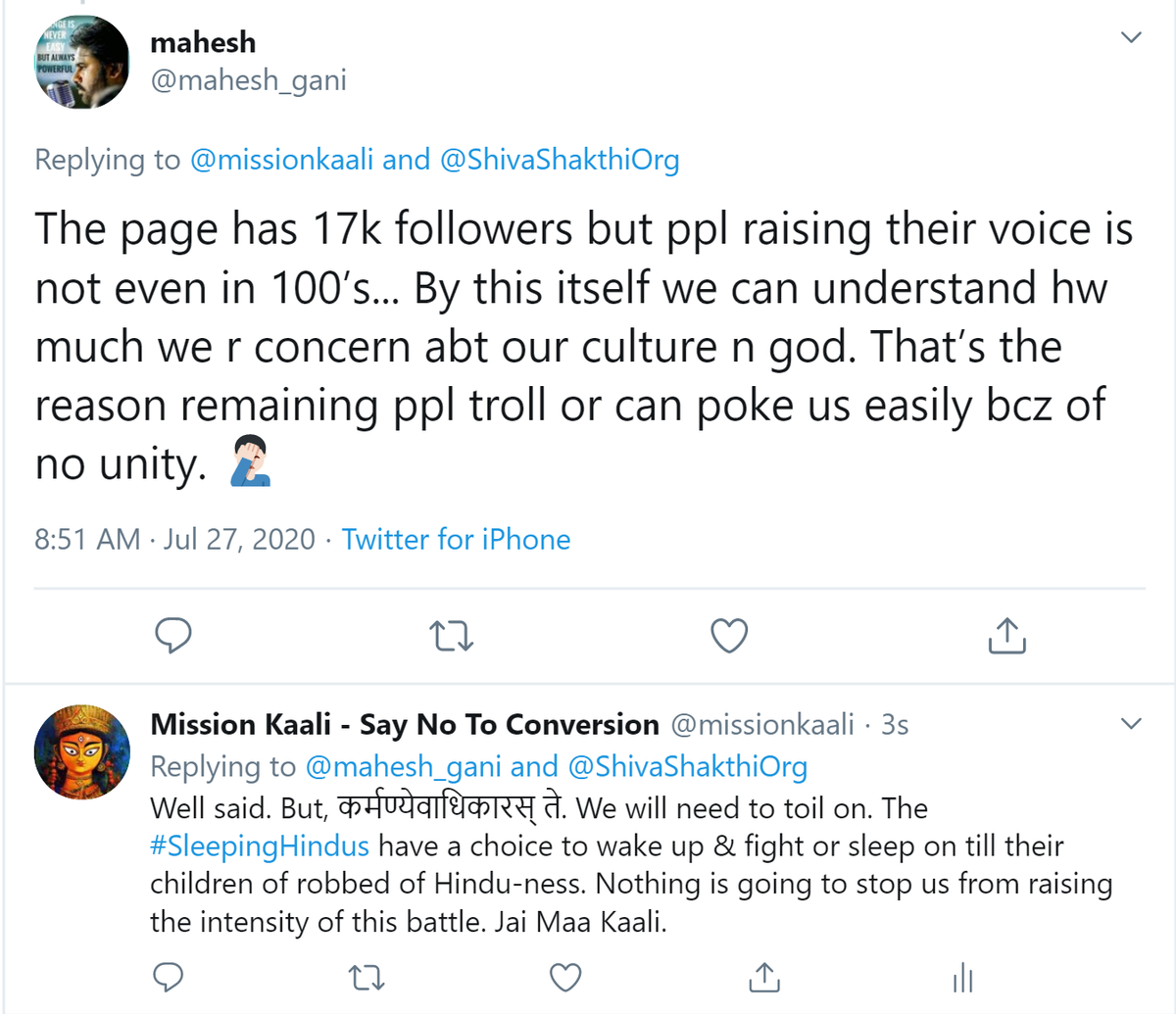 missionkaali's tweet photo. If you a #ConcernedHindu, u may choose to raise ur voice against the atrocities of the #conversionMafia on ANY platform of ur choice. Kaali's mission is to help you and help Dharma. But, we urge not to remain silent and lose ur kids to the #ConversionPredators Let's UNITE. Pl. RT https://t.co/uFqcFriyYo