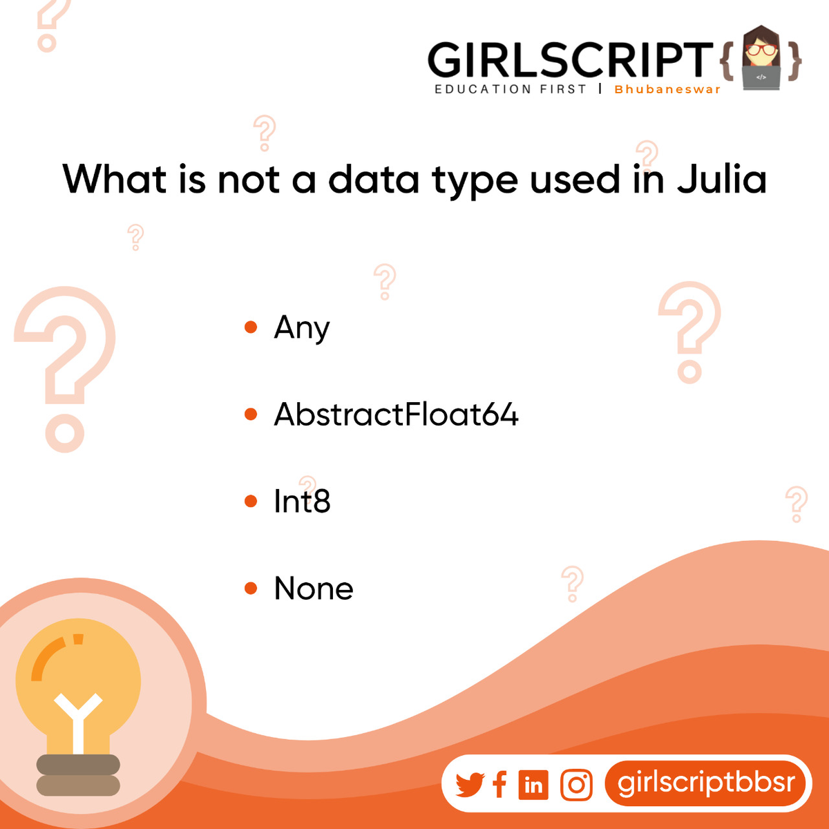 Be the first to answer and get a chance to be featured on our page!
#quizathon #weekchallenge #skills #programming #girlscript #community #learn #college #coding  #technology #digital