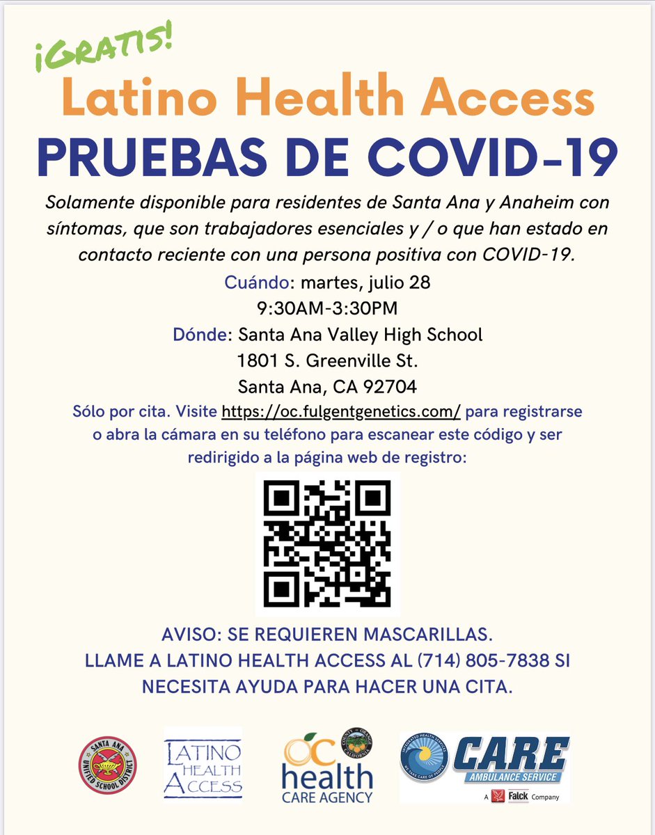 SantaAnaUSD's tweet photo. #SAUSD continues to partner with local organizations to bring free COVID-19 testing to the community. Next opportunity: 7/28 at Valley HS. Book an appointment online. #wearesausd #bettertogether https://t.co/W5CPEnupae