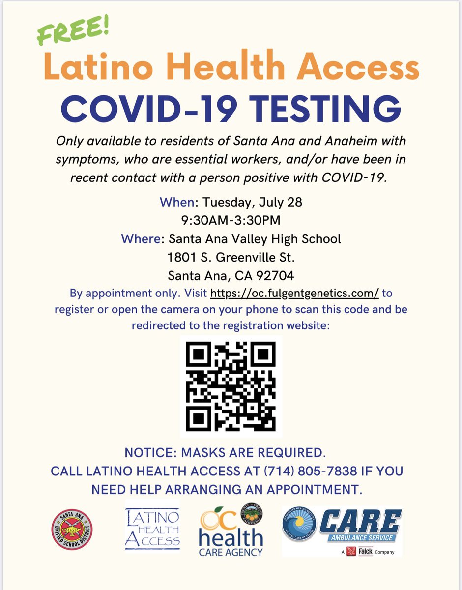 SantaAnaUSD's tweet photo. #SAUSD continues to partner with local organizations to bring free COVID-19 testing to the community. Next opportunity: 7/28 at Valley HS. Book an appointment online. #wearesausd #bettertogether https://t.co/W5CPEnupae