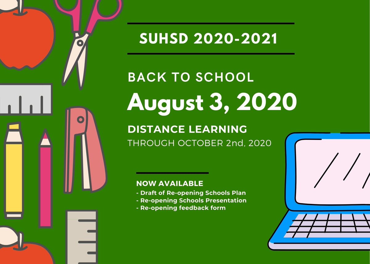 SUHSD's tweet photo. #SUHSD, the start of school is Monday, August 3rd. Visit https://t.co/l7avb4ylq3 for the latest news on the districts tentative Re-opening Plan for the 2020/21 school year. #distancelearning https://t.co/w8rC8UxkNI