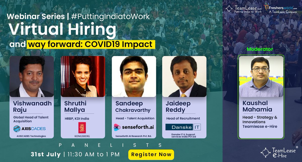 Freshersworld's tweet photo. #Freshers #webinar
#VirtualHiring &amp; way forward #COVID19Impact
That's our point of discussion when we discuss with #expert panel!
#Joinus 31 July 2020 @ 11:00 AM
#LivePanelDiscussion #PuttingIndiatoWork

To Register: https://t.co/eUNM0JERe2

#PuttingIndiabacktoWork #RegisterNow https://t.co/HXXNUVpvhd