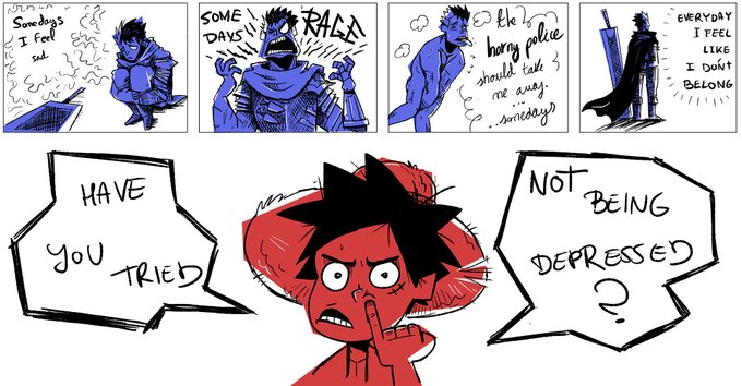 Anitwitter and mental health (on twitter), the crossover. 

Also Bersek and One Piece
#Luffy and #Guts 