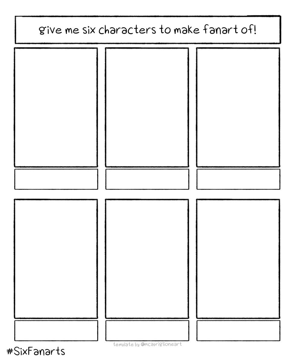 I think we could all use a mood booster, right?? I really want to do #sixfanarts again to help with stress. You're welcome to share this and ask your followers for characters.
Send me six characters to draw fanart of! Let's make this round 2!!
#sixfanartsroundtwo