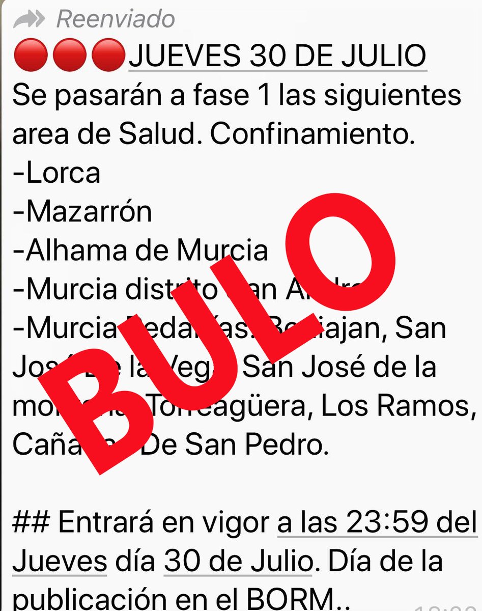 📢Por favor, no hagáis caso a los #bulos. 

Antes de difundir, consultad siempre fuentes oficiales. 

#RegióndeMurcia #Covid19 
#FakeNews