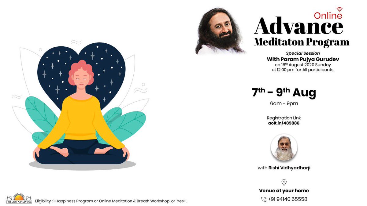Rishividhyadhar's tweet photo. #Online #Part2Programs #Advance #Meditation #Programs #AMP #ArtOfSilence in the month of #August 2020 :
β’ #Special #Session with #Param #Pujya #Gurudev on 16th #August 2020 #Sunday at 12:00 pm for All #participants.
β’ Venue : Your Home π
Contact : +91 94140 65558.
#Yoga https://t.co/e0IIN7NV28