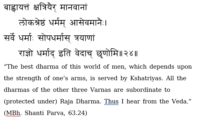 1/6In the Mahabharata (Shanti Parva), after dwelling on the greatness of other Varnas and dharmas, Bhishma Pitamaha speaks on the criticality of Kshatriya Dharma: